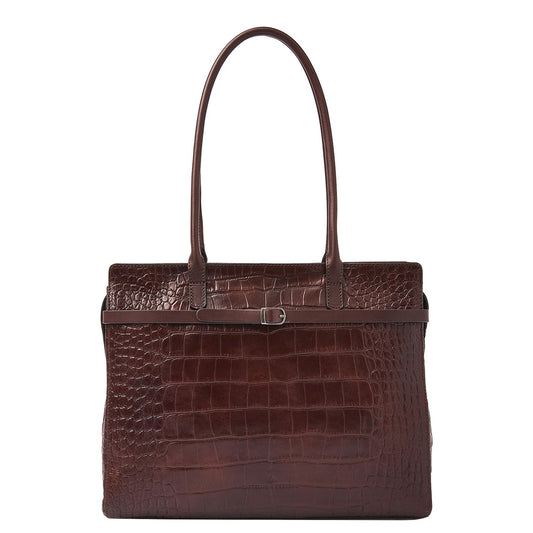 Castelijn & Beerens Croco Tess Laptop Schoudertas - 15.6" laptopvak - met RFID bescherming - mocca